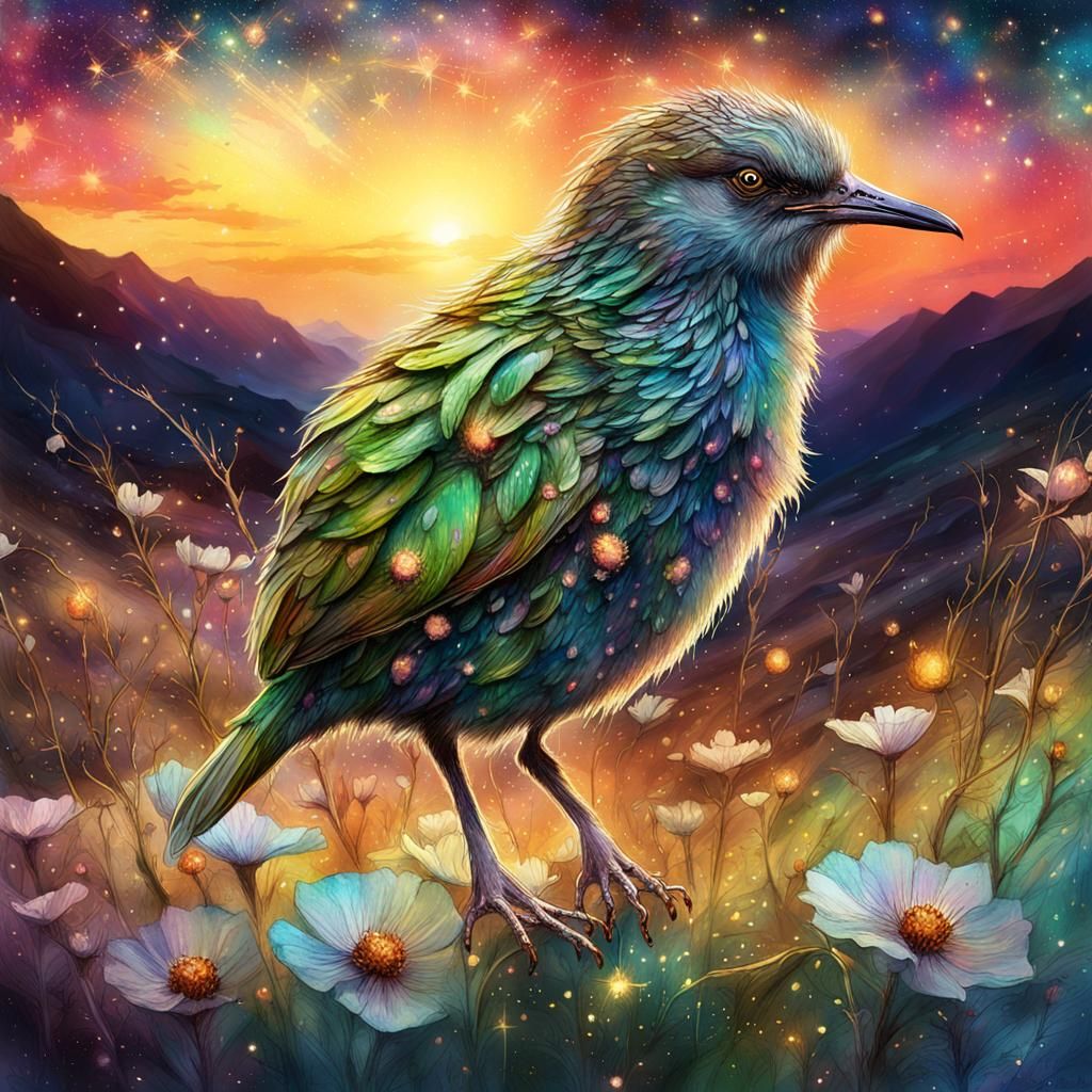Kiwi Bird in Cosmos: Stylized Watercolor Art