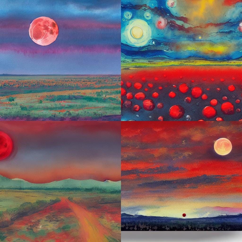 a blood moon dripping with blood drops on an open road and prairie
