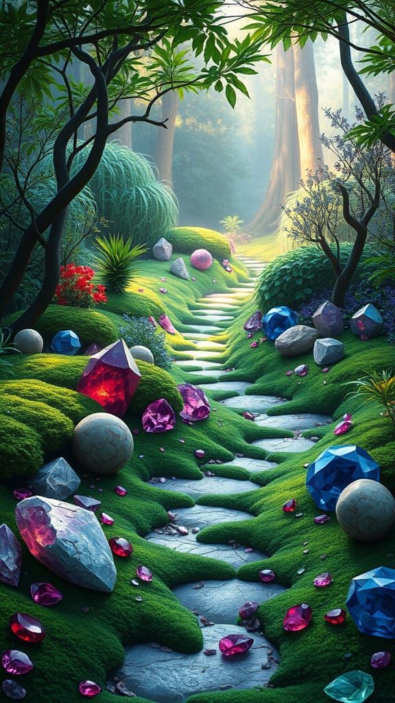 Tranquil Garden Paradise with Gemstones in Dreamlike Style