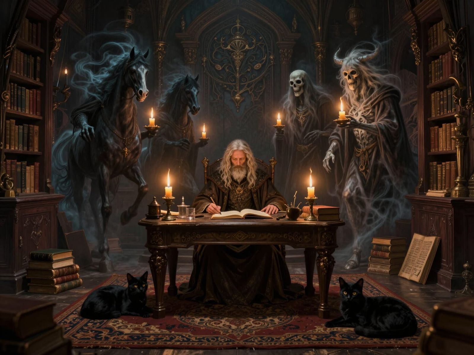 Nostradamus in Gothic Library with Four Horsemen Visions