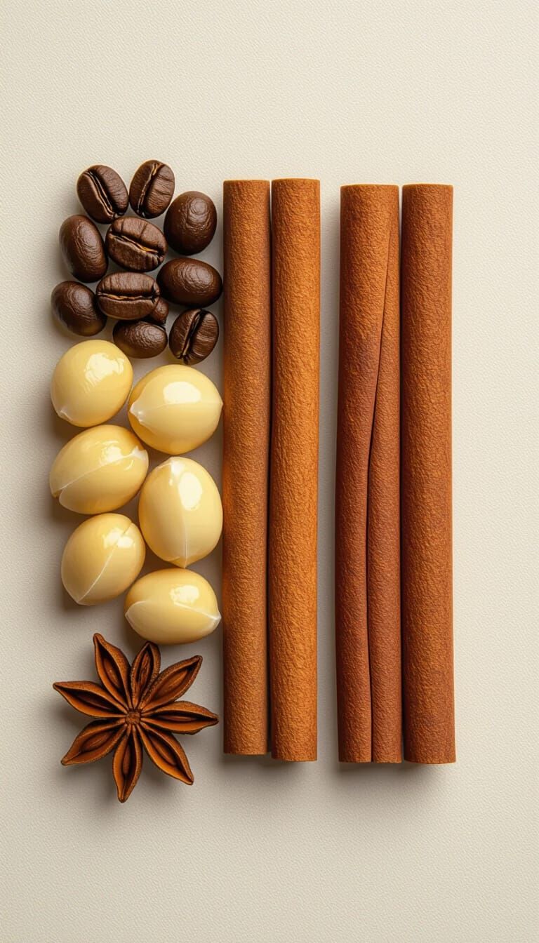 Macadamia Nuts, Coffee Beans, and Cinnamon Sticks Flat Lay