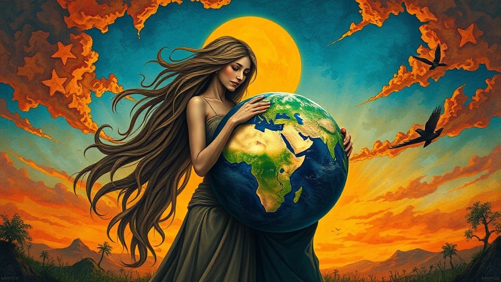Mother and Father Earth Embrace, Magical Realism Art
