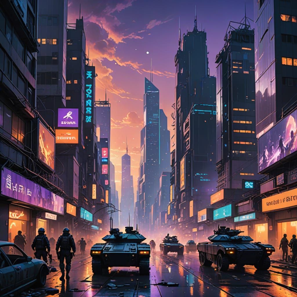 Dystopian Cyberpunk Cityscape at Sunset