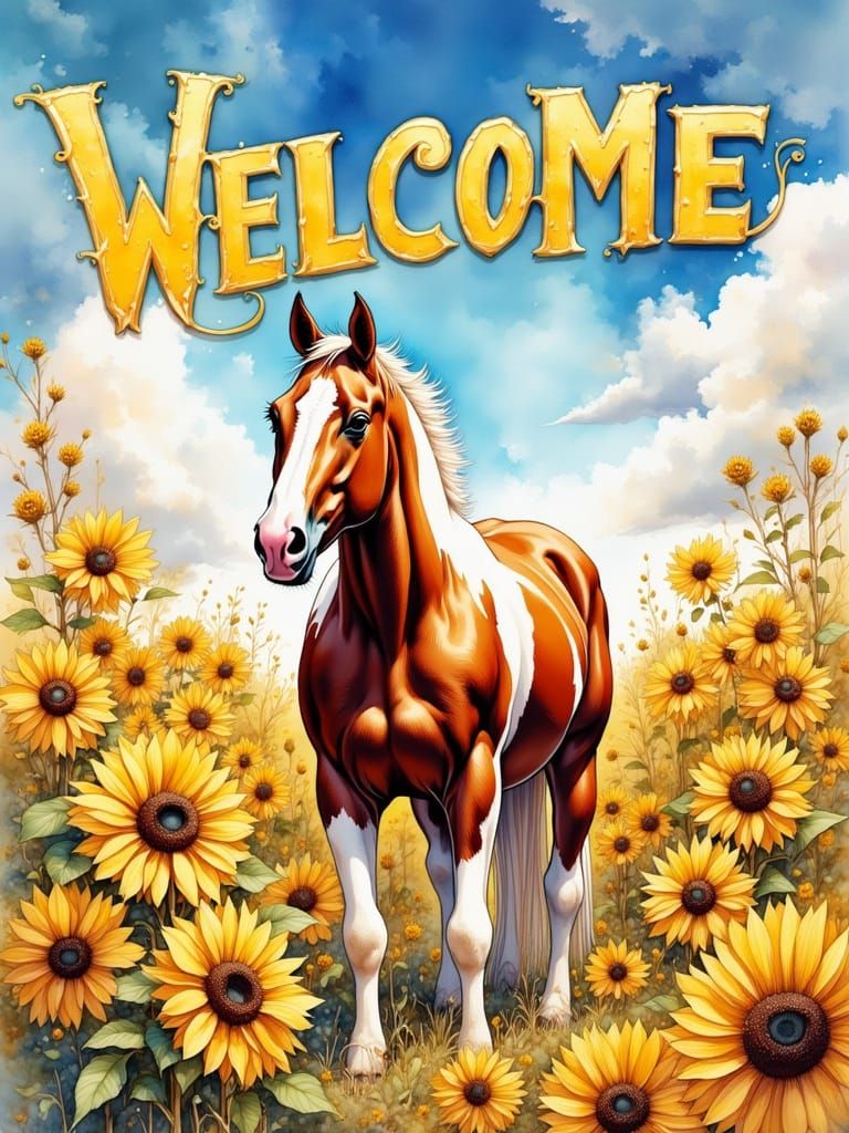 Majestic Paint Horse Amidst Sunflowers in Vibrant Watercolor...