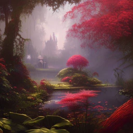 Victorian Crimson Flower Garden in Sunlight