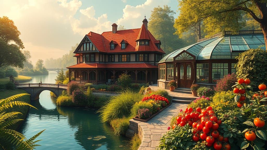 Victorian Mansion Beside Serene River and Vibrant Vegetable ...