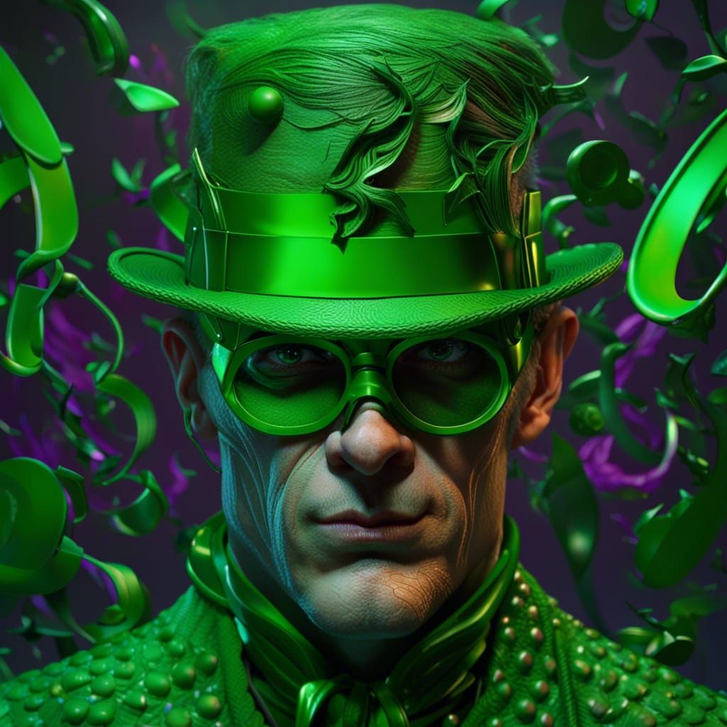 Huge Hyper realistic brilliant beautiful insanely Glowingly Angry "Riddler from the Batman" Insanely-detailed wlop_Max E...