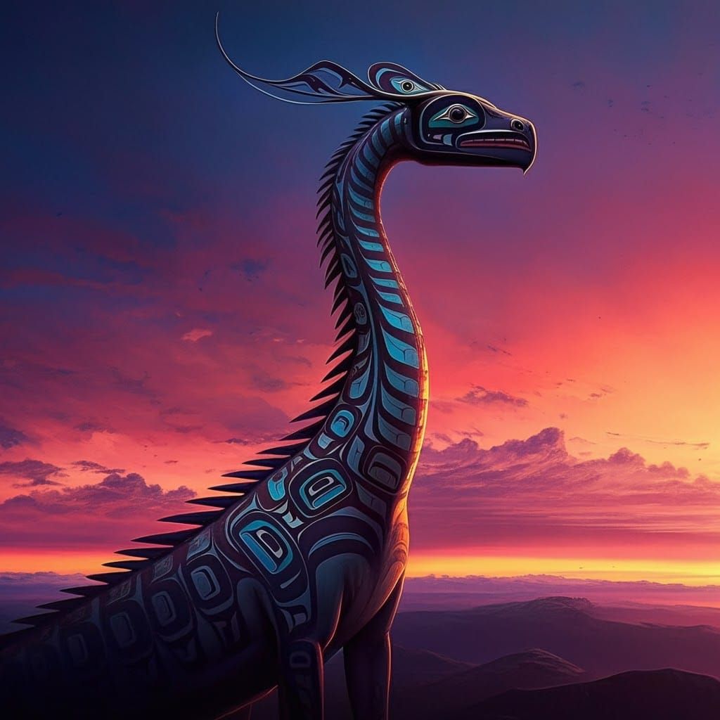 Long-Necked Form-Line Creature in Macabre Sunset Landscape,...