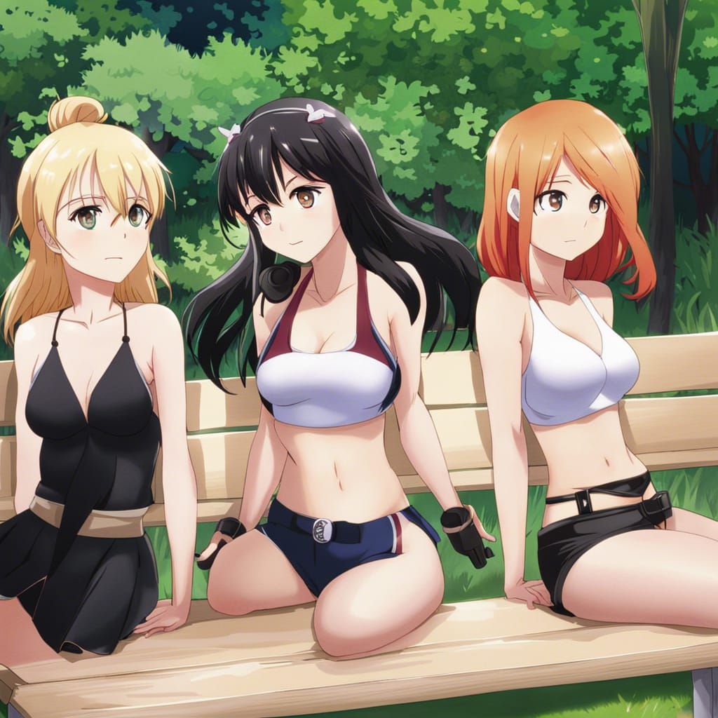 Anime Style: Three Girls on a Park Bench