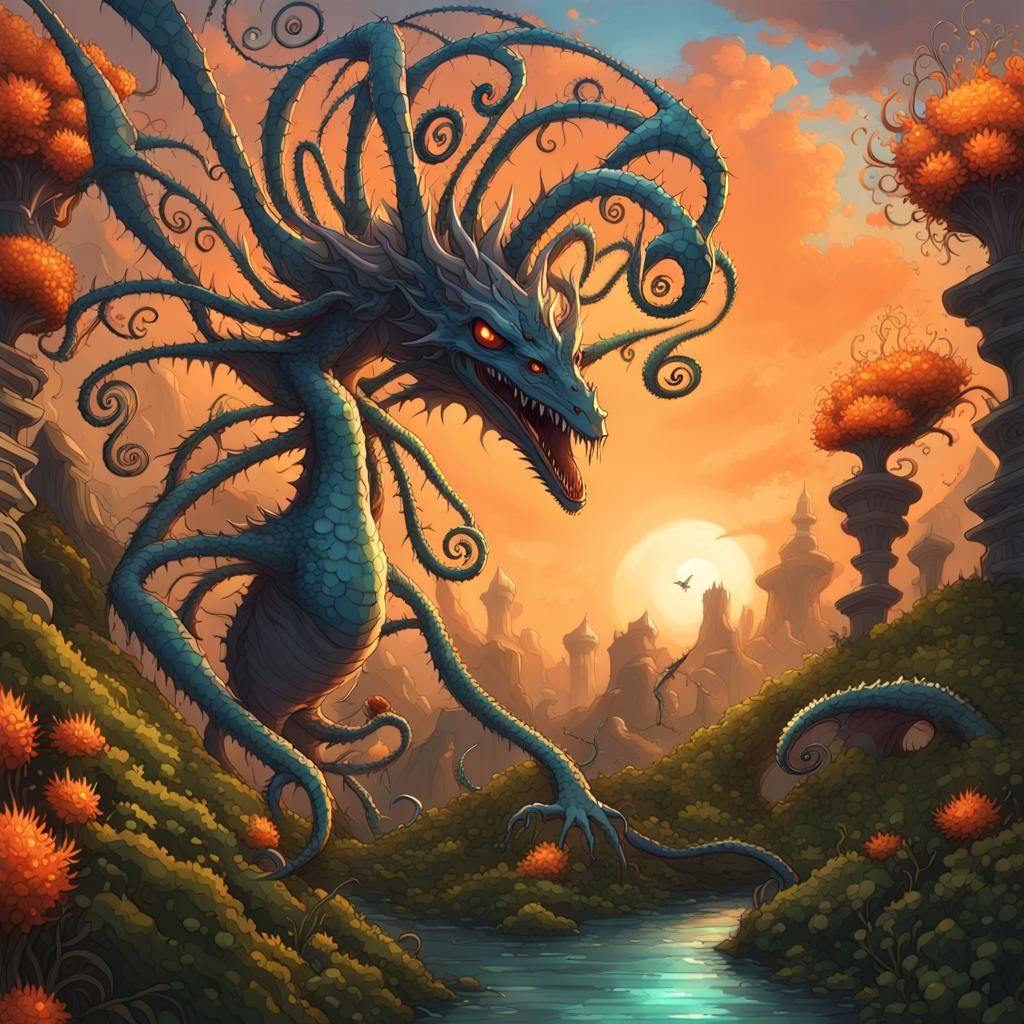 Fantasy Dragon-Spider Hybrid in Fractal Garden