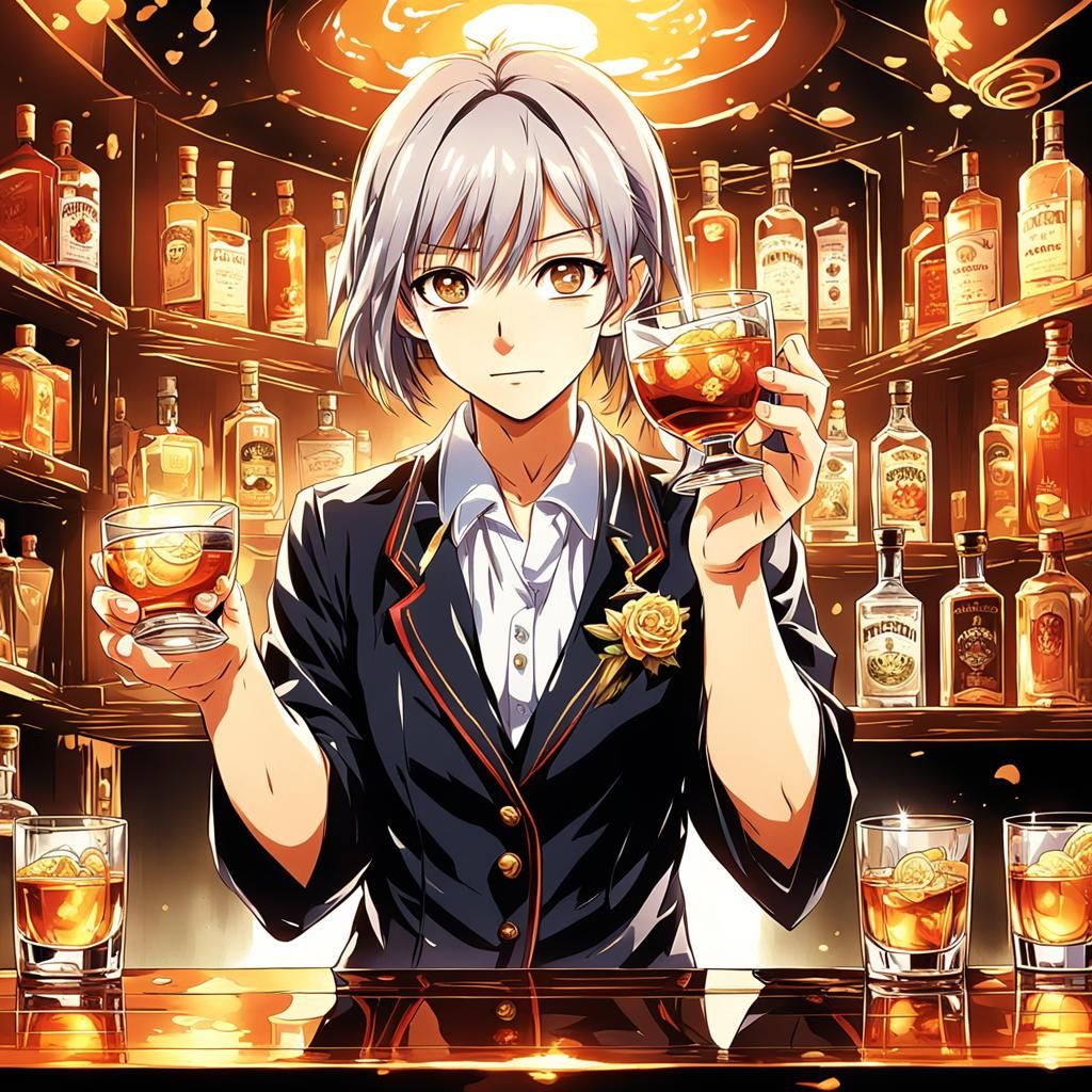 Anime Style: Bartender Serving Expensive Tequila