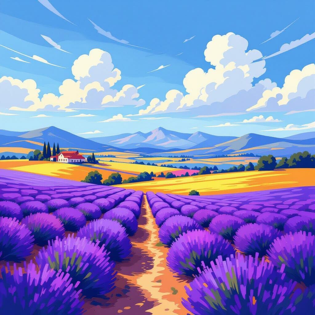 Vibrant Impressionistic Landscape with Lavender and Gold Fie...