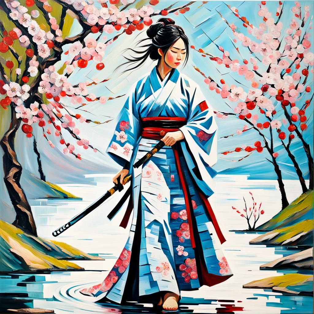 Samurai Woman in Impasto Oil Painting with Cherry Blossoms