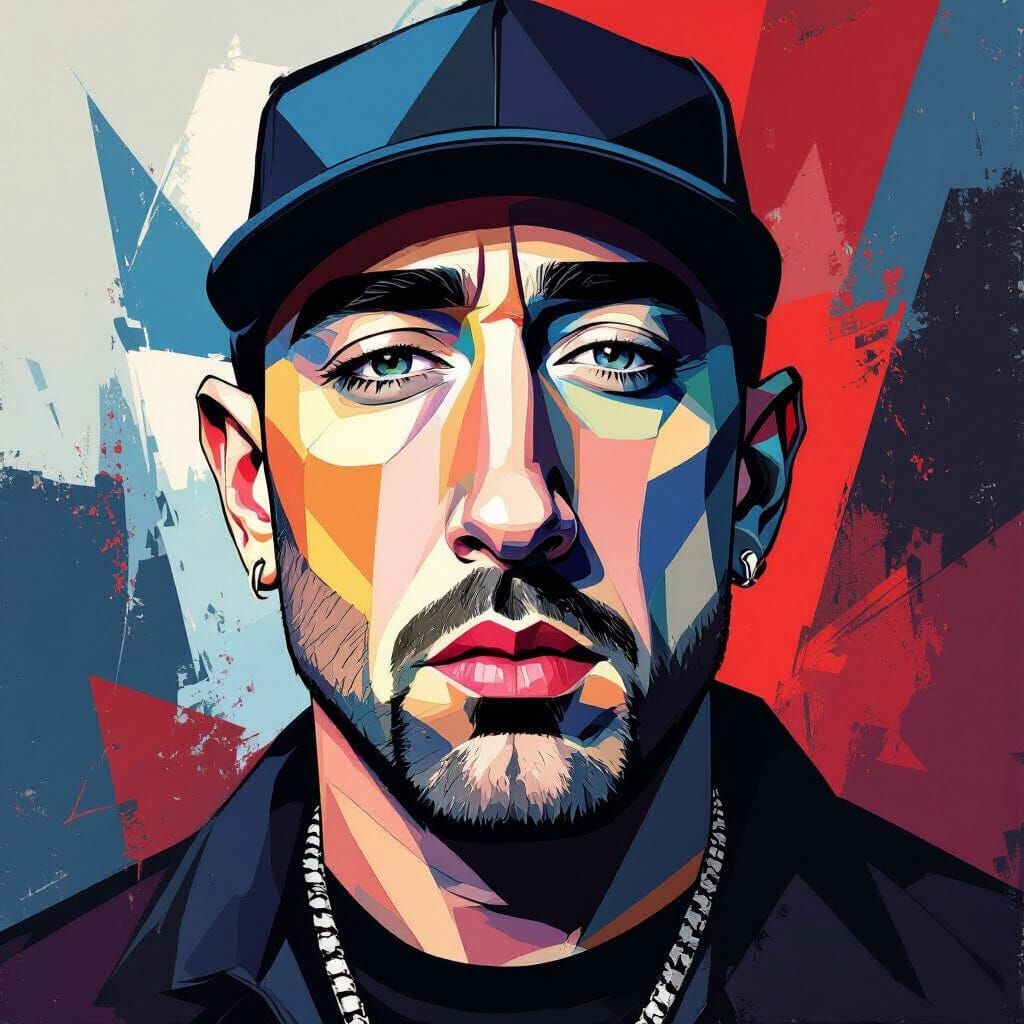 Eminem Abstract Cubist Portrait in Bold Geometric Style