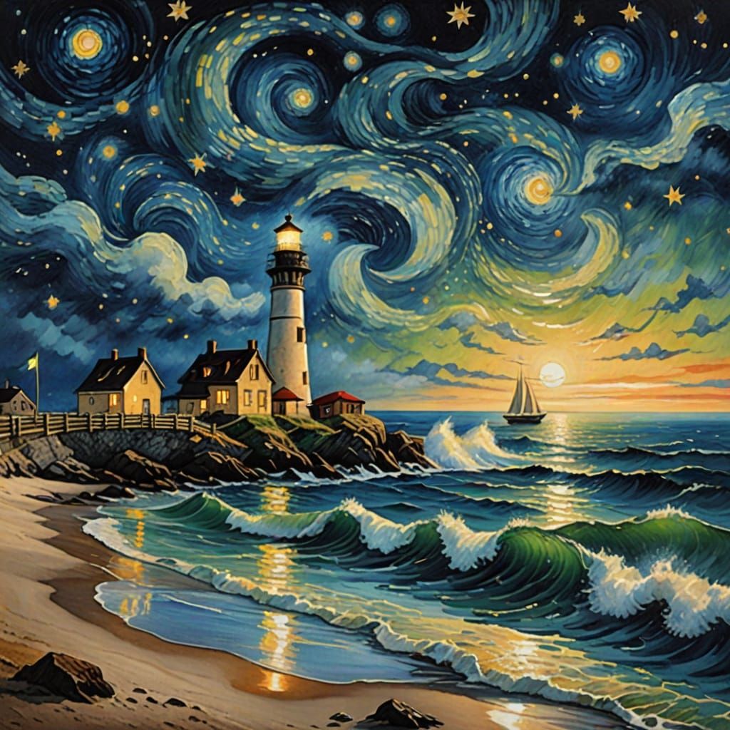 Whimsical Starry Night Seascape in Dreamy Watercolor