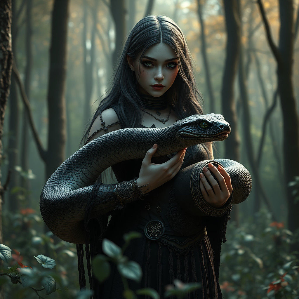 Gothic Girl with Serpent: Detailed Fantasy Art