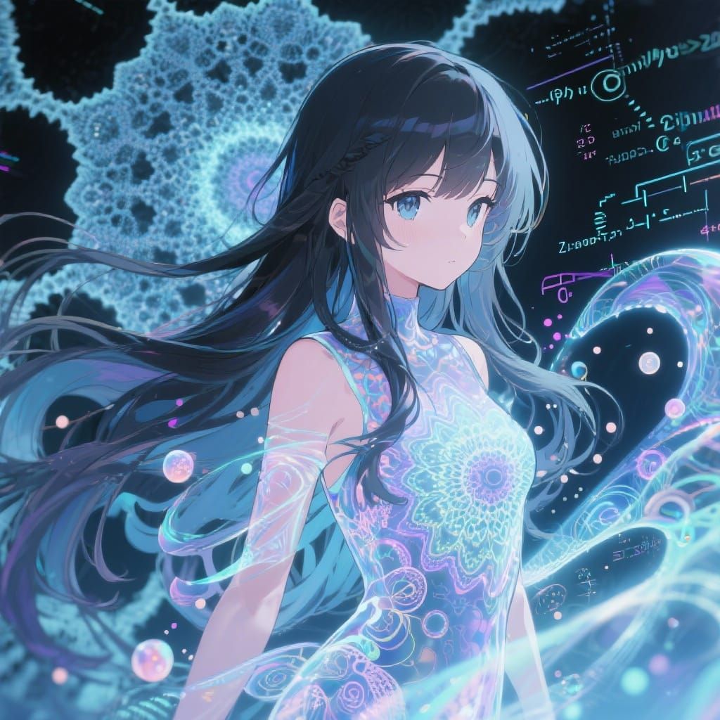 Anime Girl with Swirling Fractals and Quantum Effects