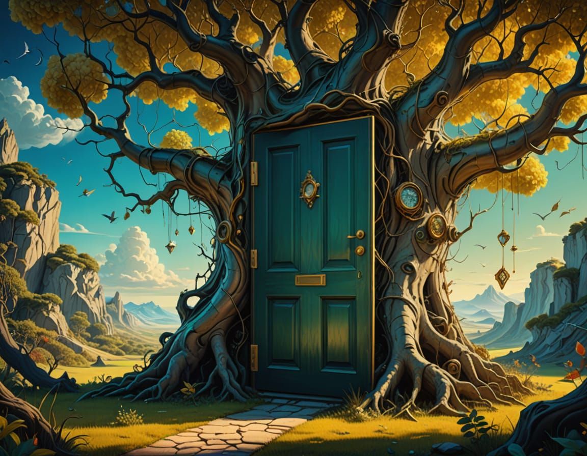 Surreal Door in a Tree: Dreamlike Digital Art