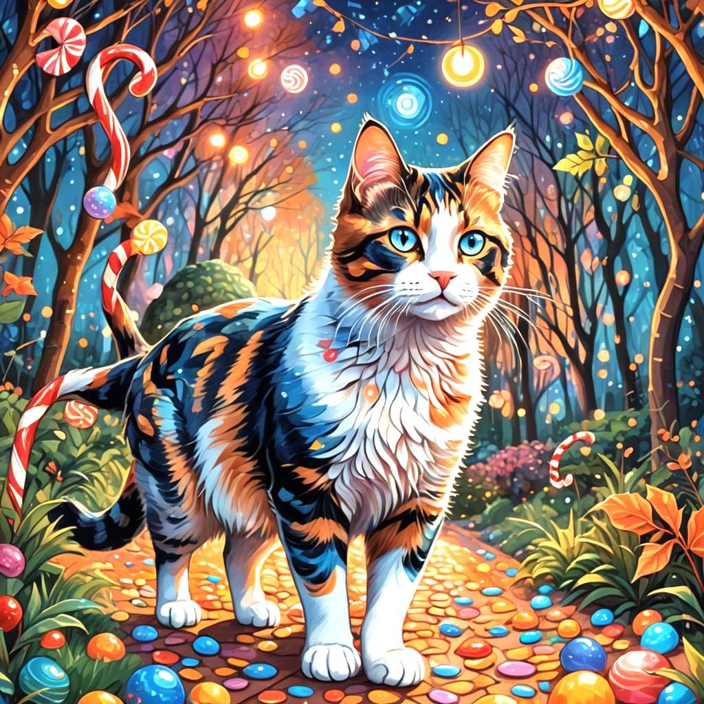 Mystical Calico Cat in Autumn Landscape, Astral Illustration