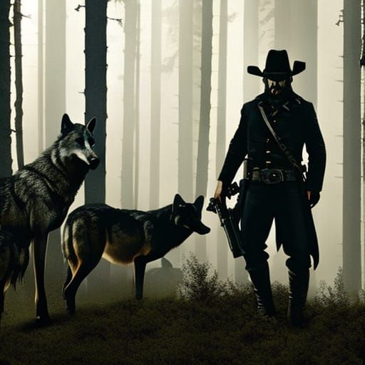 Creepy Western: Cowboy Stalked by Wolves in Forest