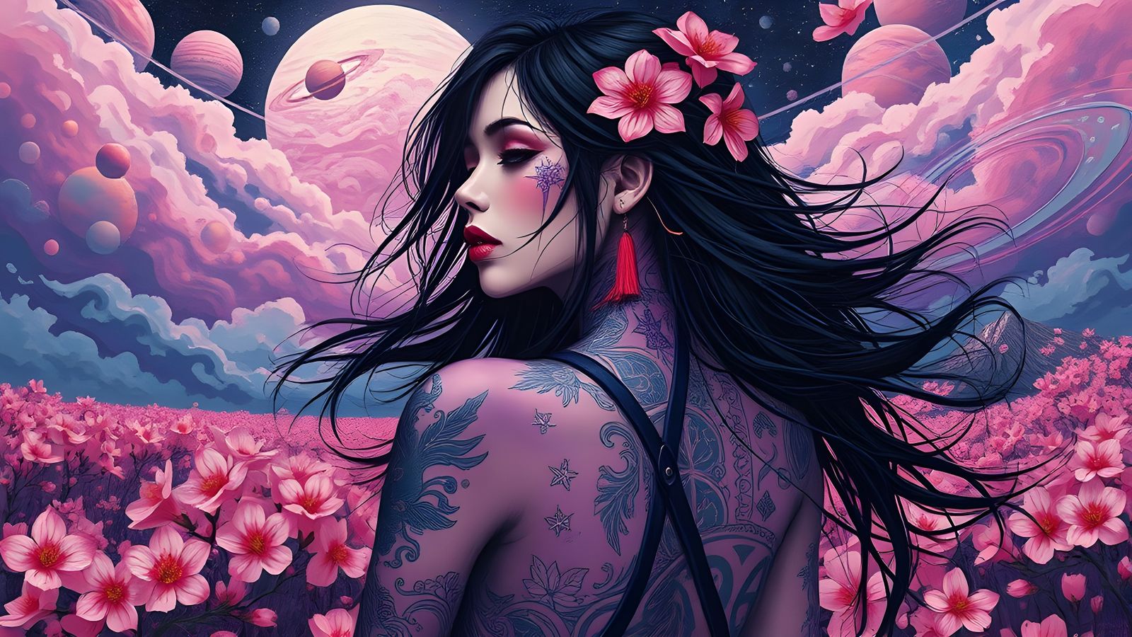 Woman in Purple Paint with Sakura Field, Graffiti Art