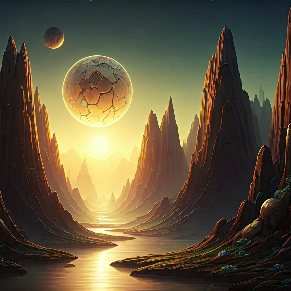 Dreamlike Alien Planet with Kintsugi Sun