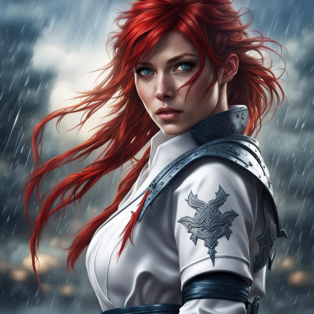Red-Haired Ninja Woman in Rain, Cinematic Lighting