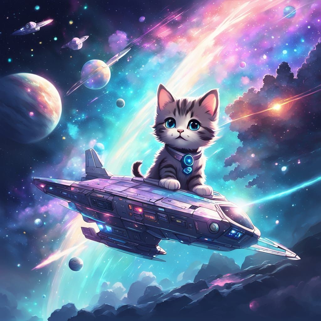 Kitten Pilot in Spaceship, Anime-Inspired Digital Art