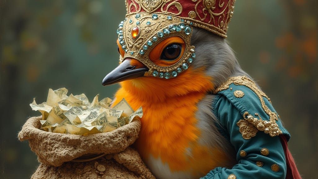 Anthropomorphic Robin Bird Displaying a Bag of Money