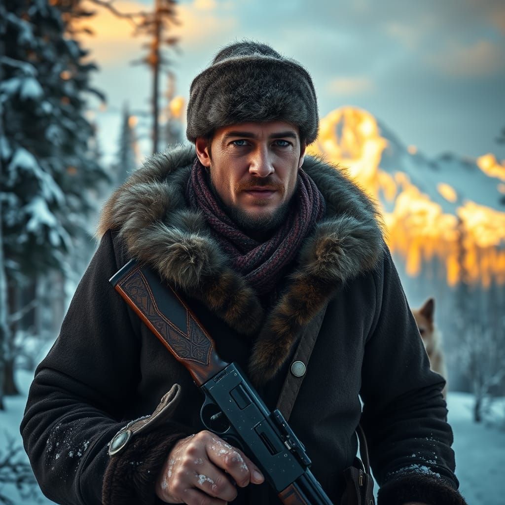 Determined Hunter in Frost-Laden Forest, Inspired by The Rev...