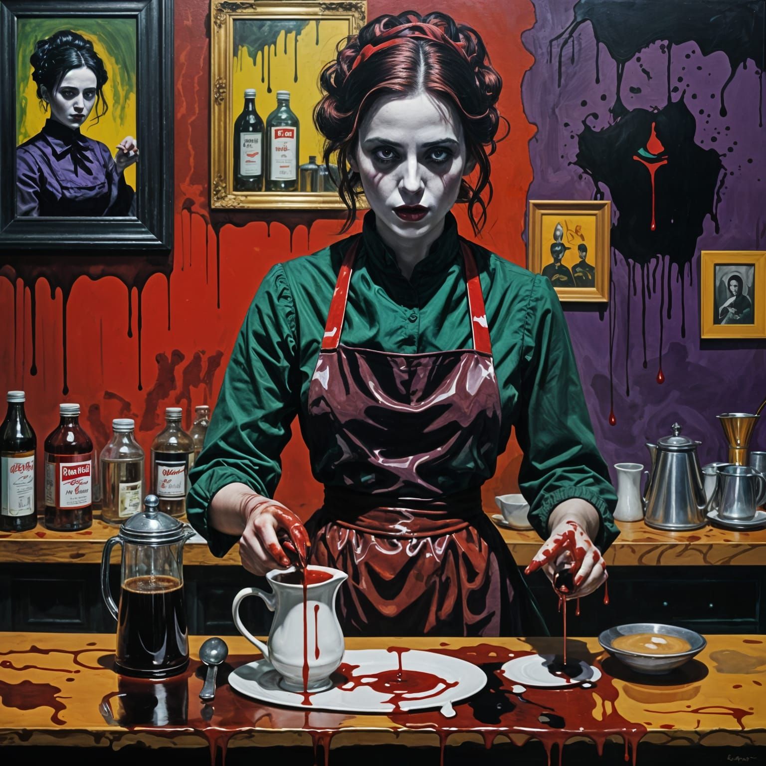 Victorian Vampire Barista in Dark, Tim Burton-Inspired Oil P...