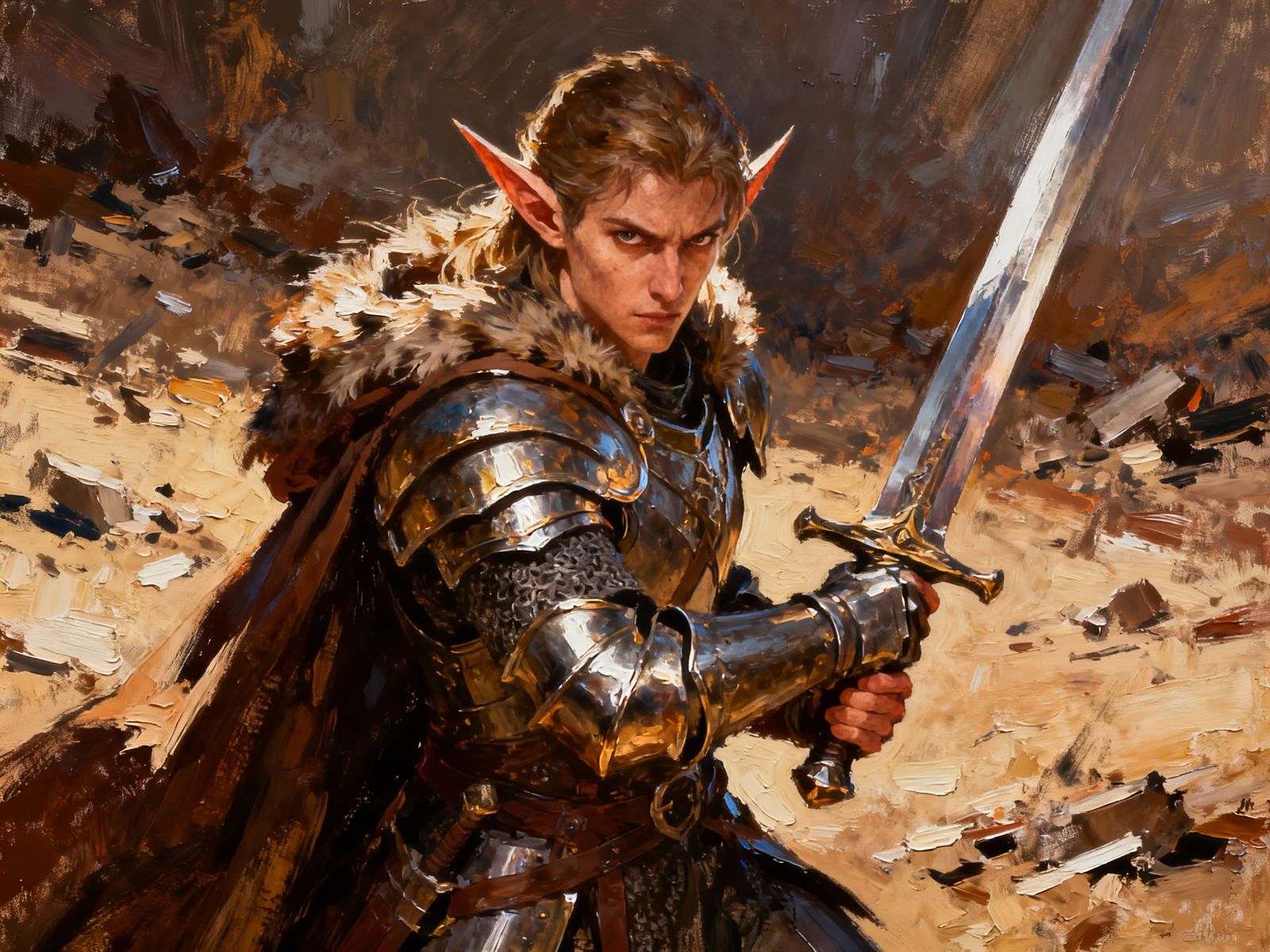 Determined Warrior Elf Preparing For Battle Impasto Painting