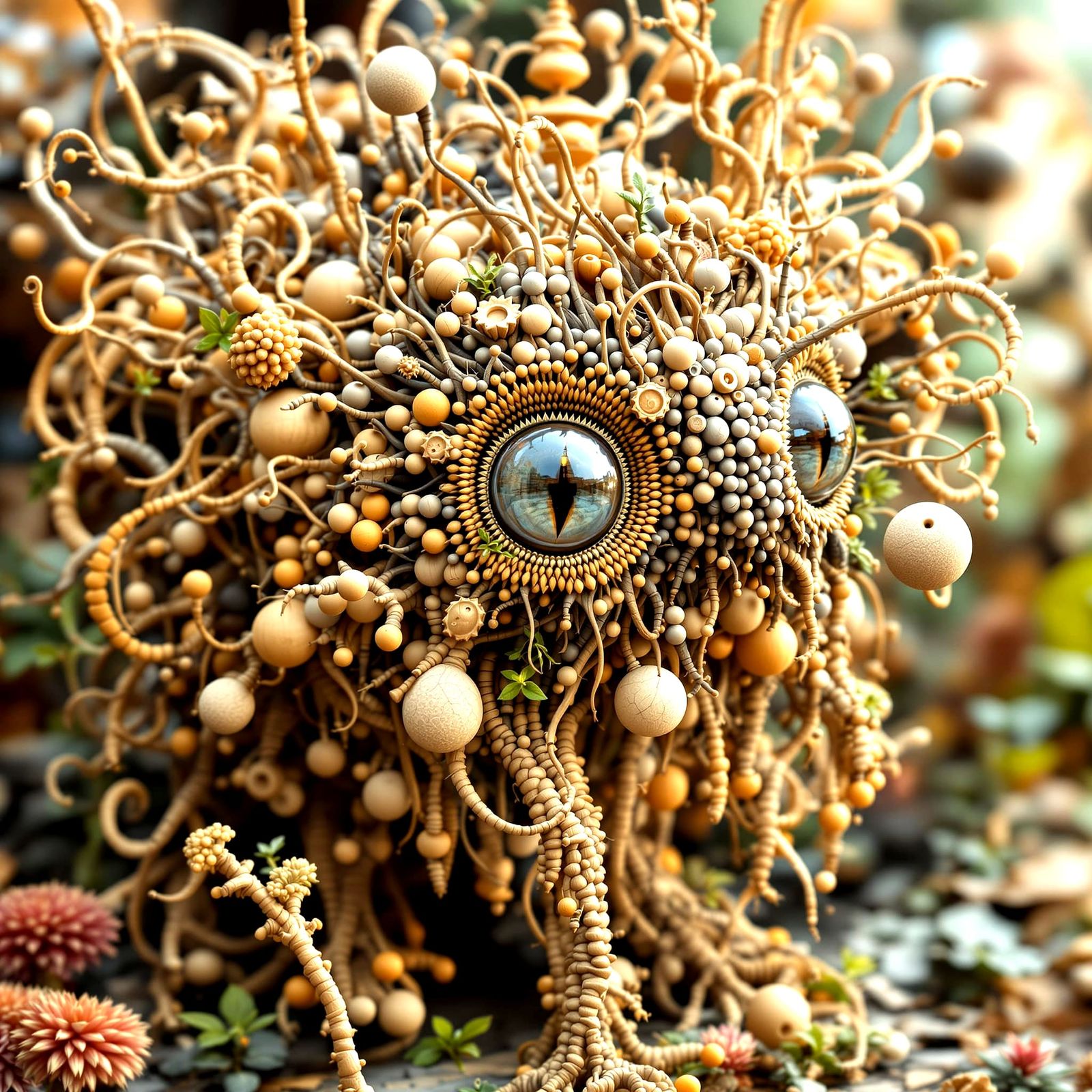 Whimsical Creature Made of Wood and Nature Elements