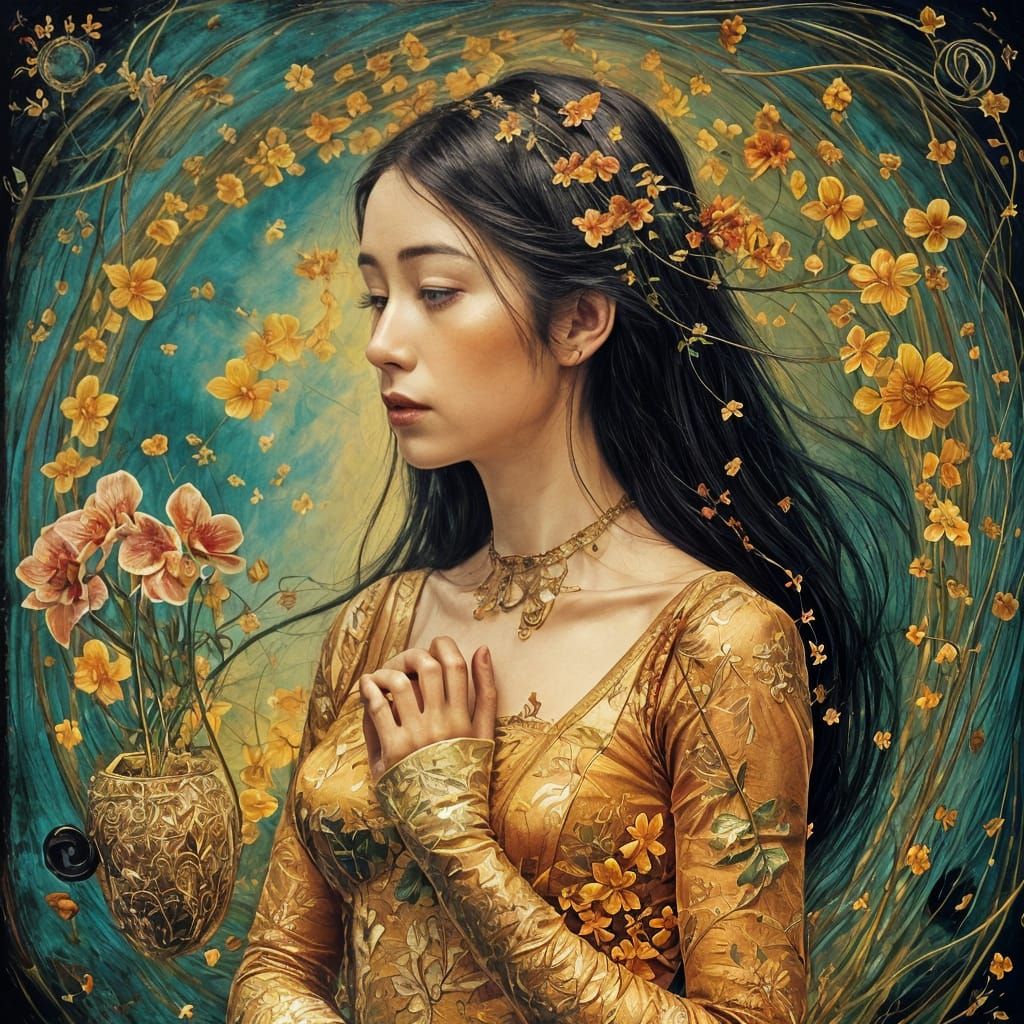 Delicate Orchid Splash Art Painting in Gold Pot