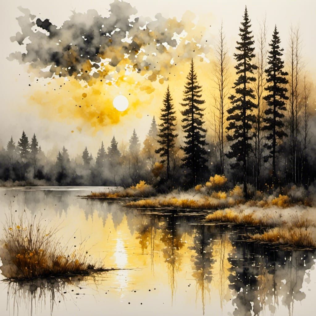 Dawn Over Lake in Antique Watercolor Style
