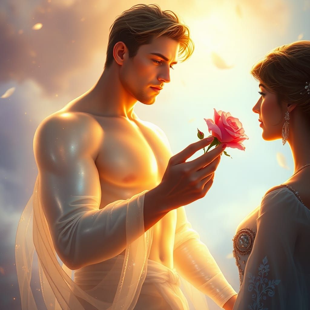Luminous Man Offers Rose in Art Nouveau Style