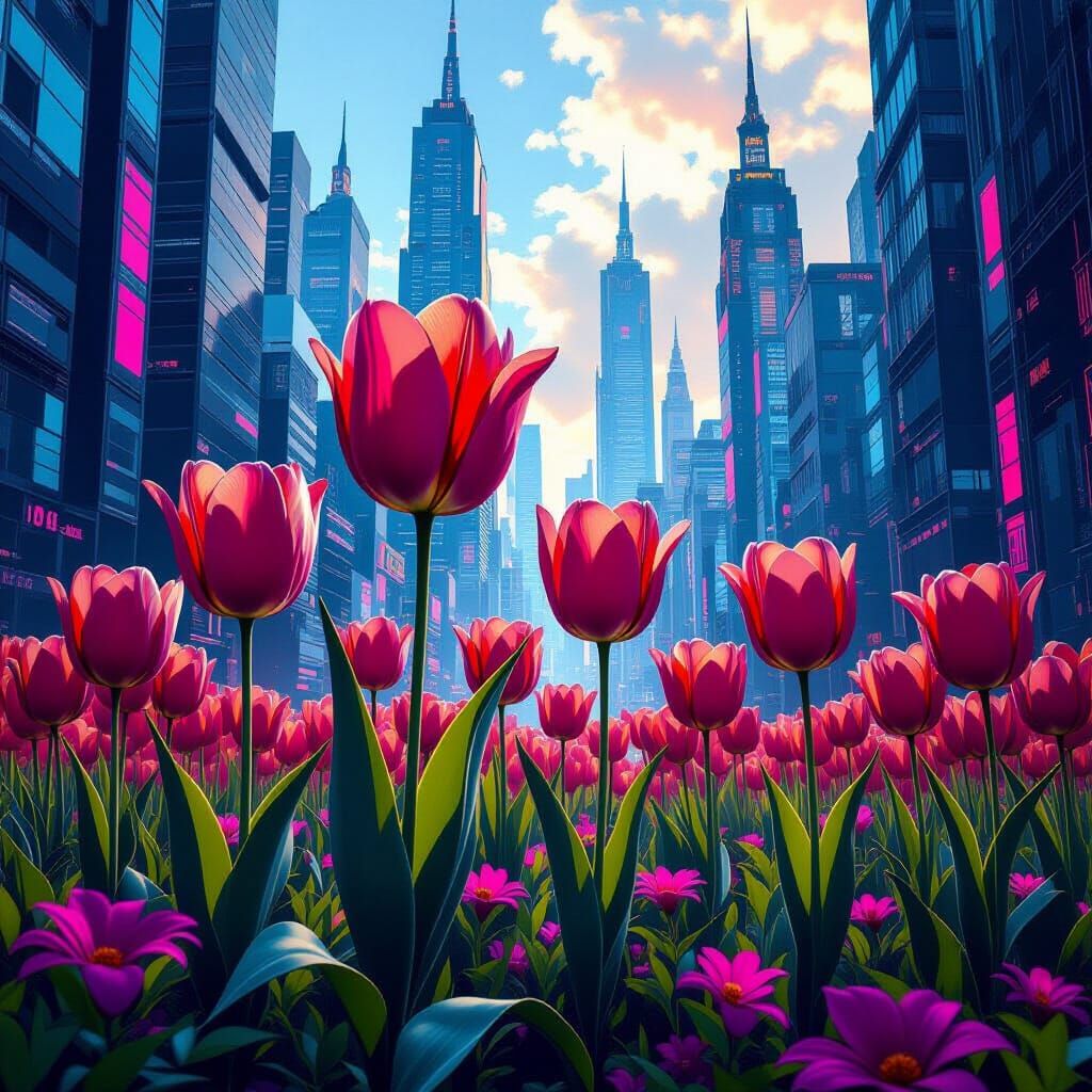 Cyberpunk Tulips in Milan: A Vibrant Digital Painting
