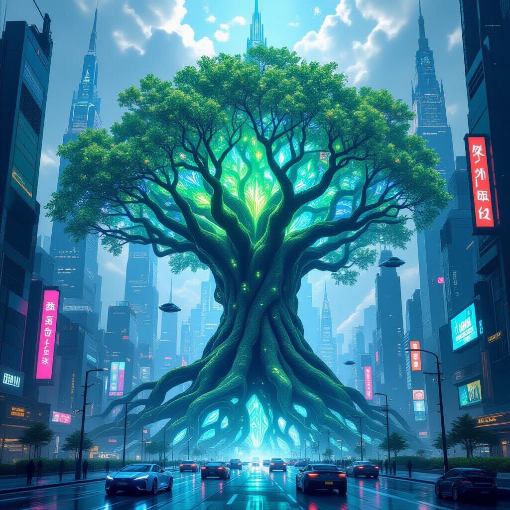 Futuristic Tree of Light in Cyberpunk Cityscape