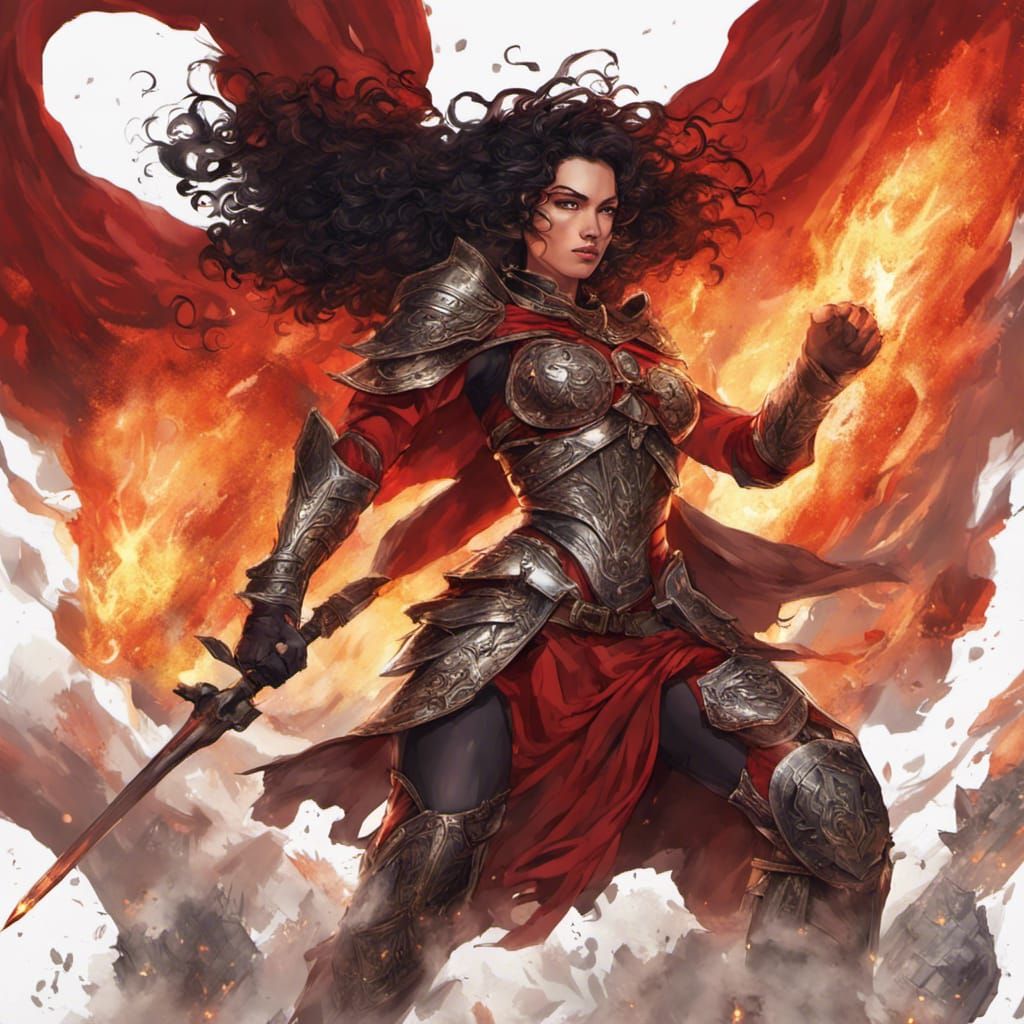 Warrior Goddess Ready for Battle on Fiery Battlefield