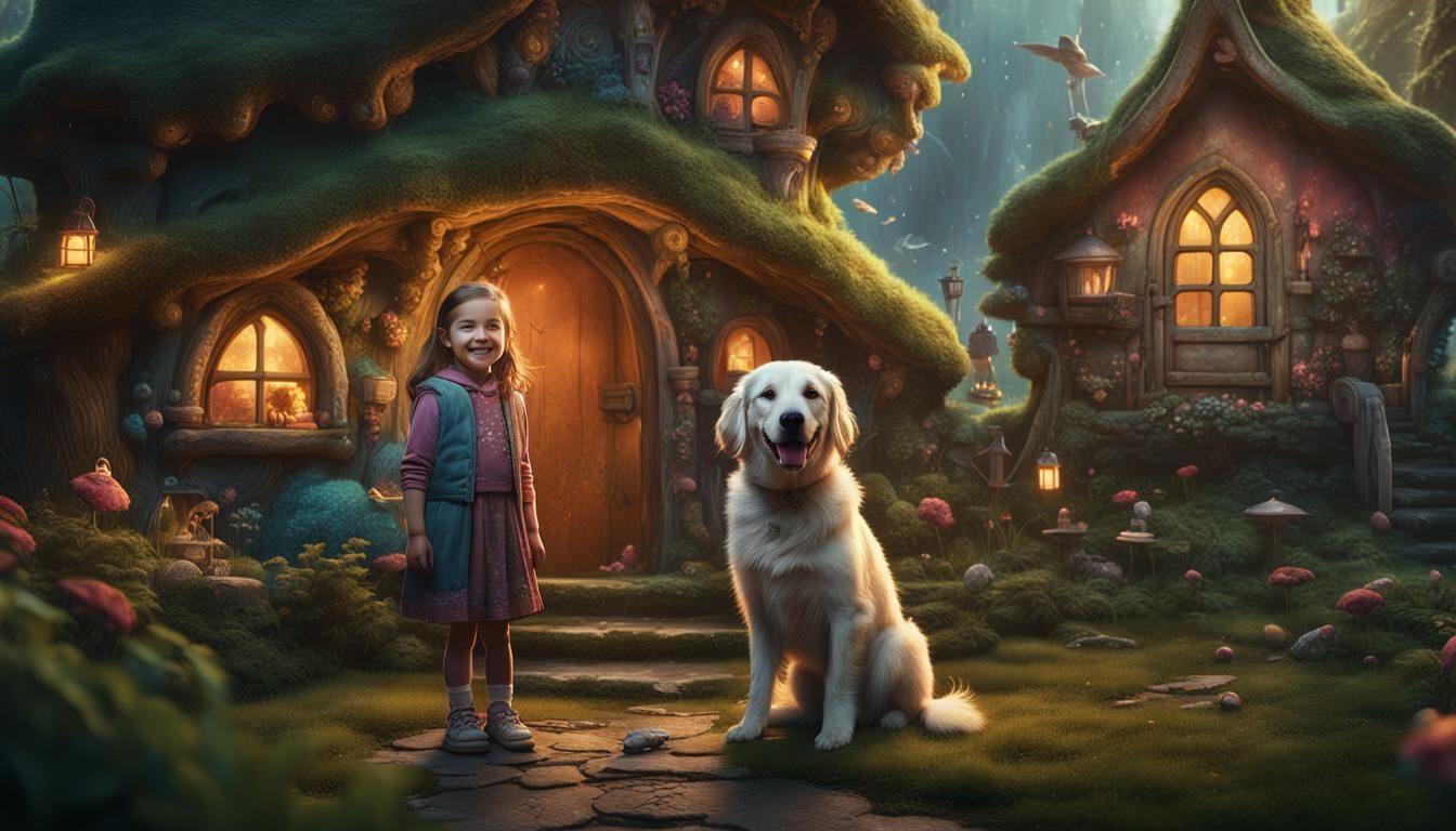 Girl and Dog in Front of Fairy House