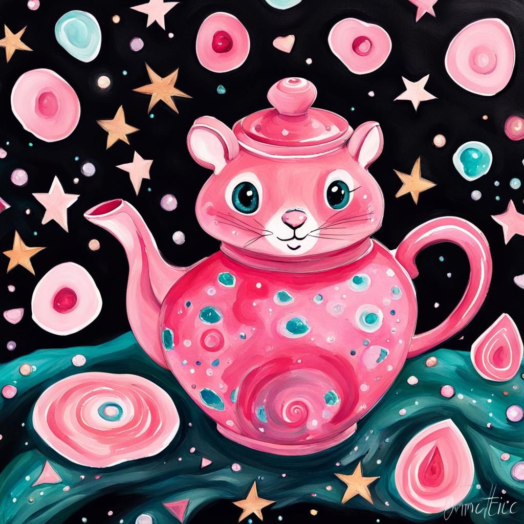 Pink Squirrel Face with Teapot in Gouache Style