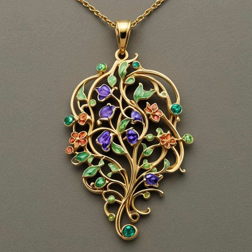 Art Nouveau Enamel Pendant with Gemstones