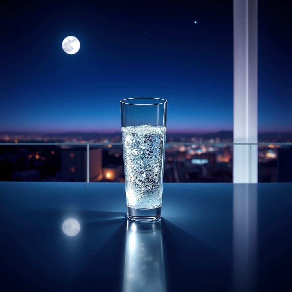Sleek Glass of Sparkling Water in Moonlit Cityscape