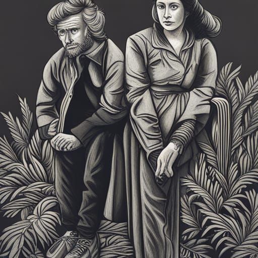 Intricately Detailed Woodcut Portrait of a Couple