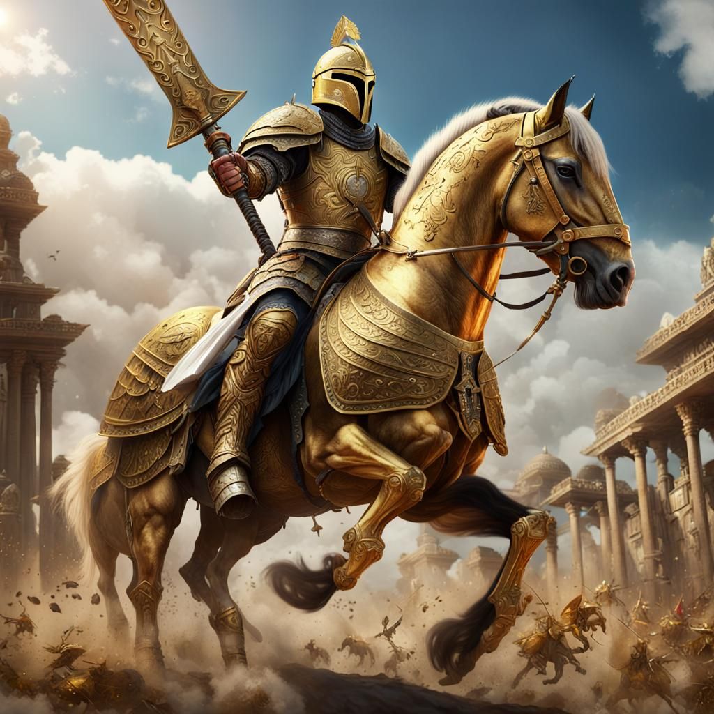 Fantasy Knight on Eight-Legged Horse in Battle