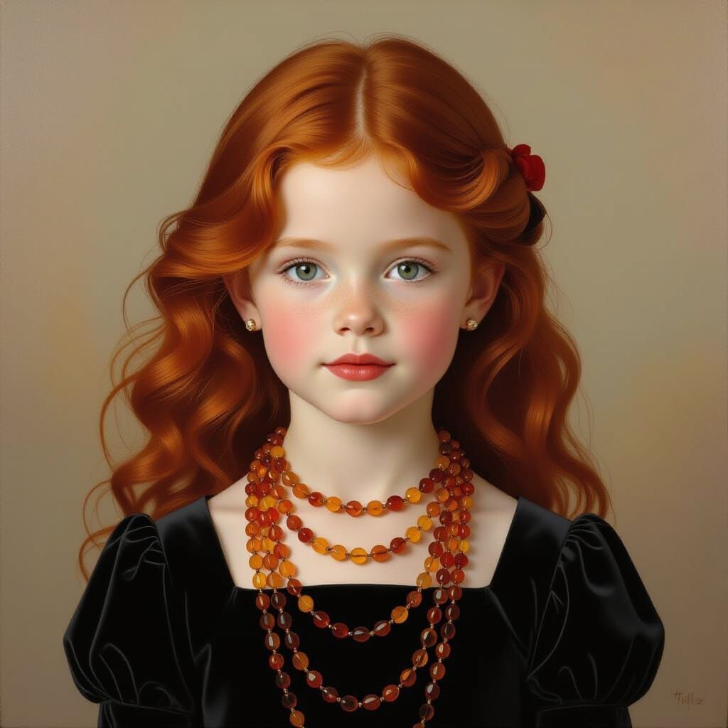 Girl with Amber Necklaces in Hyperrealistic Oil Painting