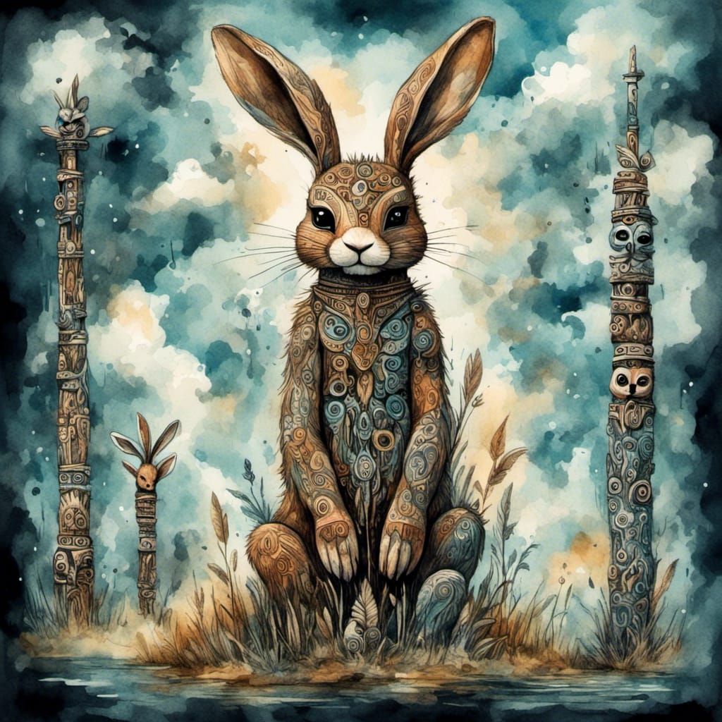 Pagan Tribal Bunny Totem Pole Watercolor