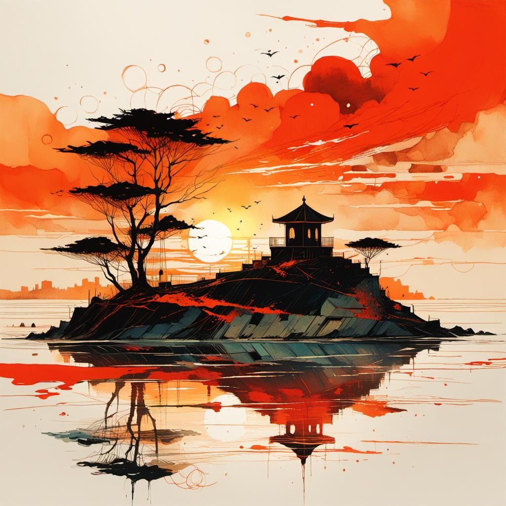 French Beach Sunset in Sumi-e Style