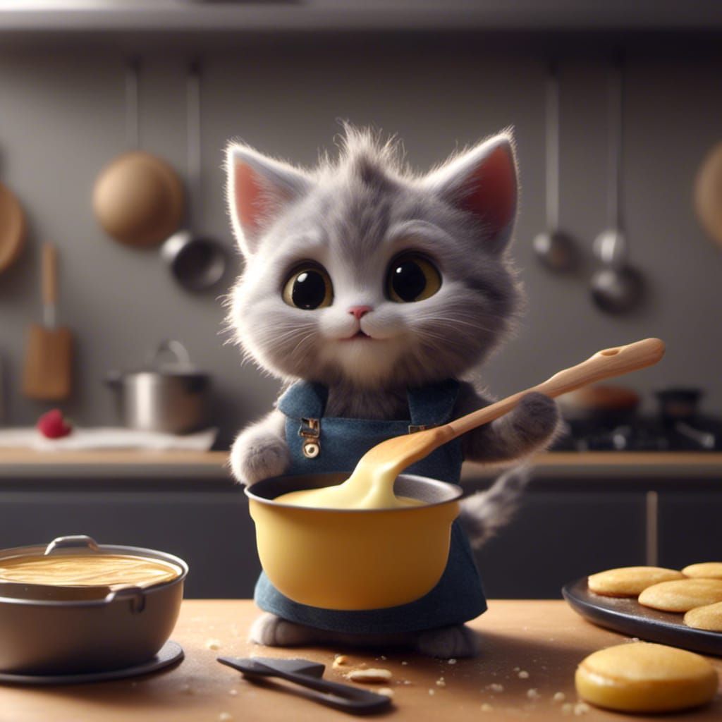 Grey Kitten Making Pancakes in Kitchen