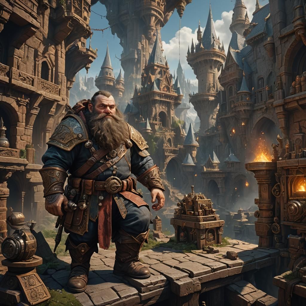 Young Dwarf Inventor in Detailed Matte Painting